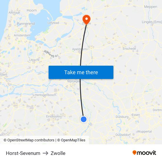 Horst-Sevenum to Zwolle map