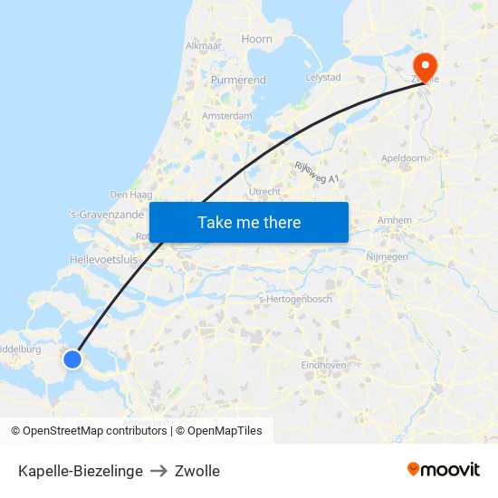 Kapelle-Biezelinge to Zwolle map
