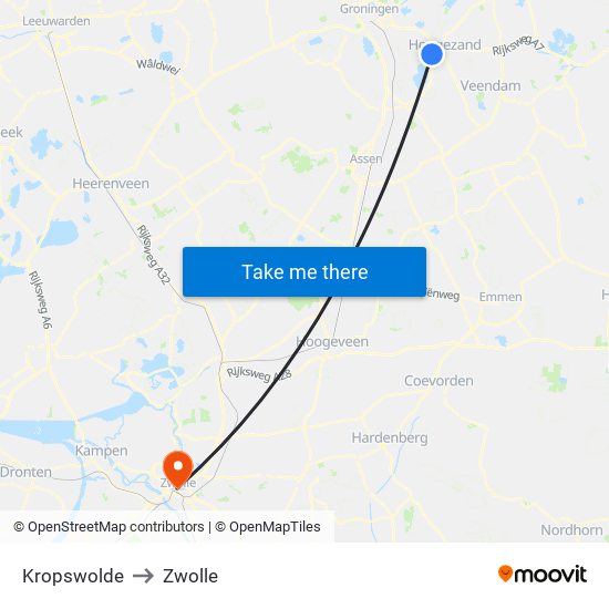 Kropswolde to Zwolle map