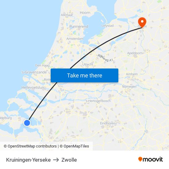 Kruiningen-Yerseke to Zwolle map