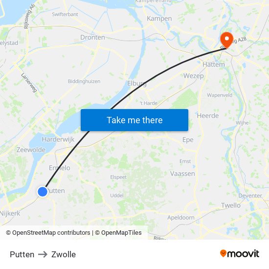 Putten to Zwolle map