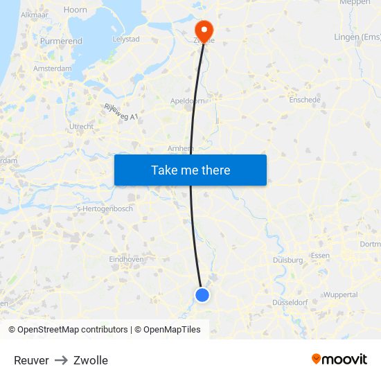 Reuver to Zwolle map