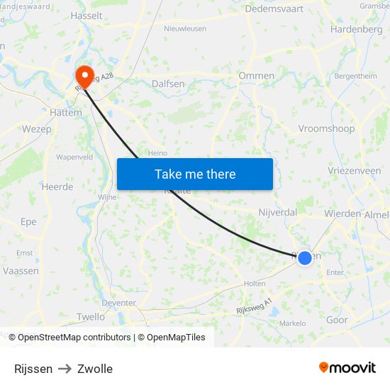 Rijssen to Zwolle map