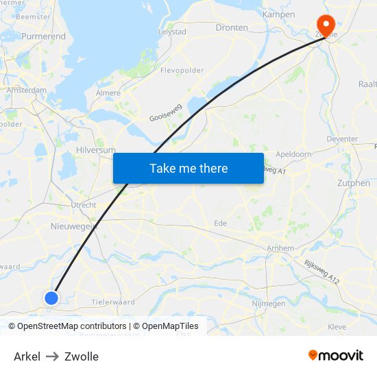 Arkel to Zwolle map