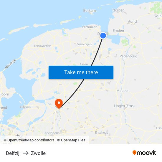 Delfzijl to Zwolle map