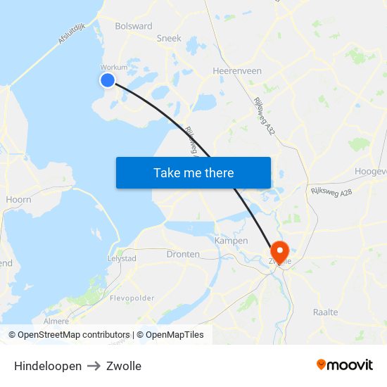 Hindeloopen to Zwolle map