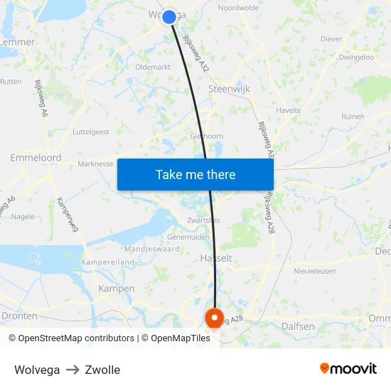 Wolvega to Zwolle map