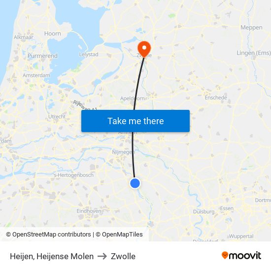 Heijen, Heijense Molen to Zwolle map