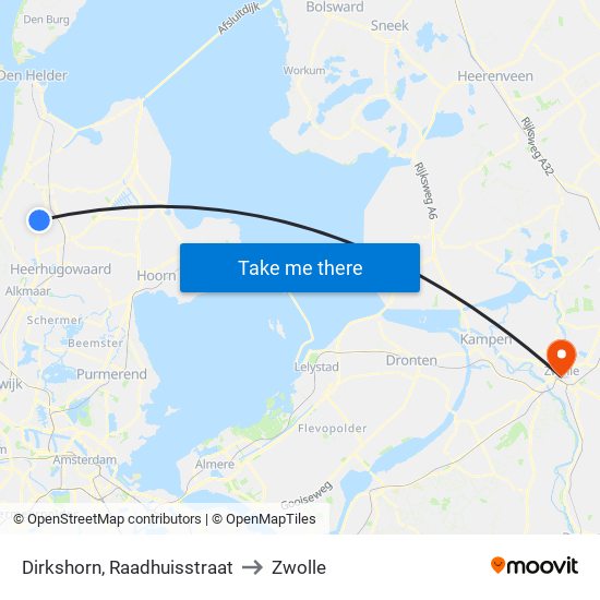 Dirkshorn, Raadhuisstraat to Zwolle map