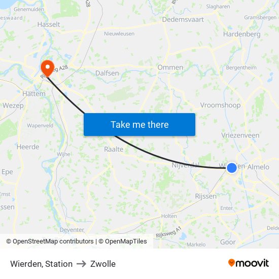 Wierden, Station to Zwolle map