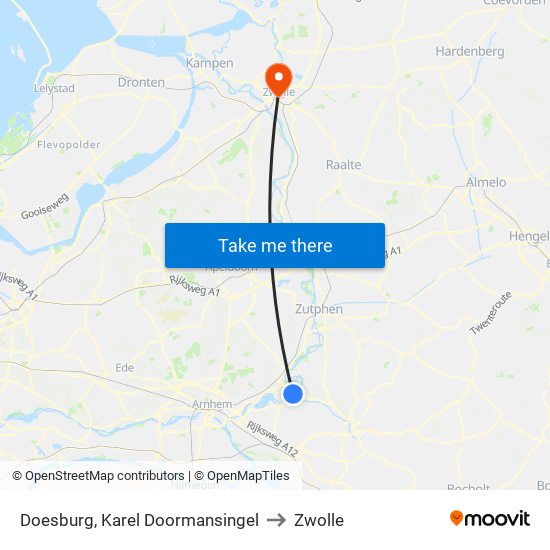 Doesburg, Karel Doormansingel to Zwolle map
