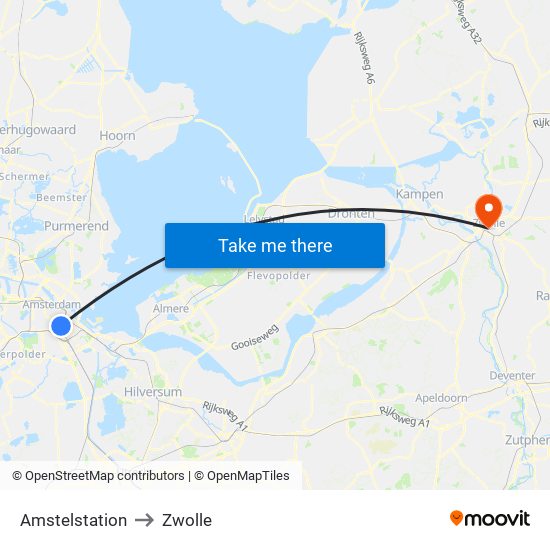 Amstelstation to Zwolle map