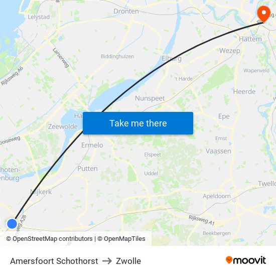 Amersfoort Schothorst to Zwolle map