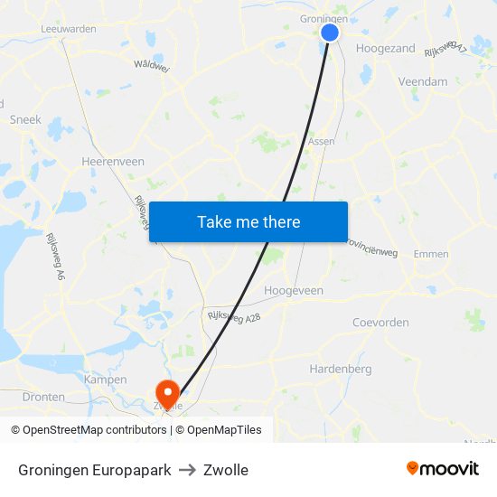 Groningen Europapark to Zwolle map