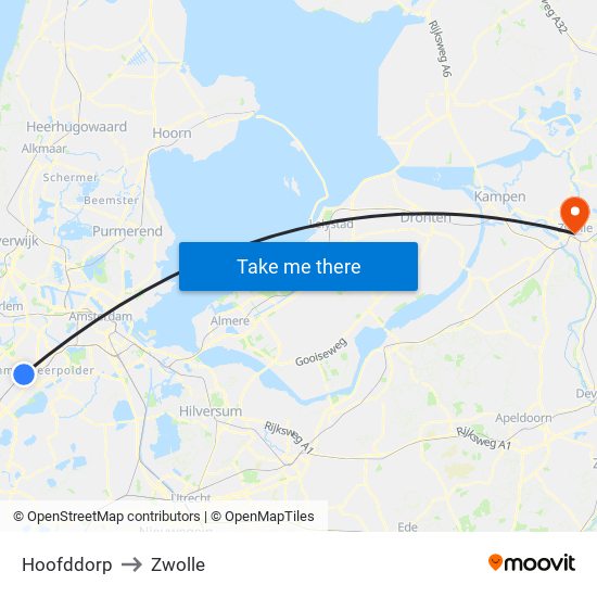 Hoofddorp to Zwolle map