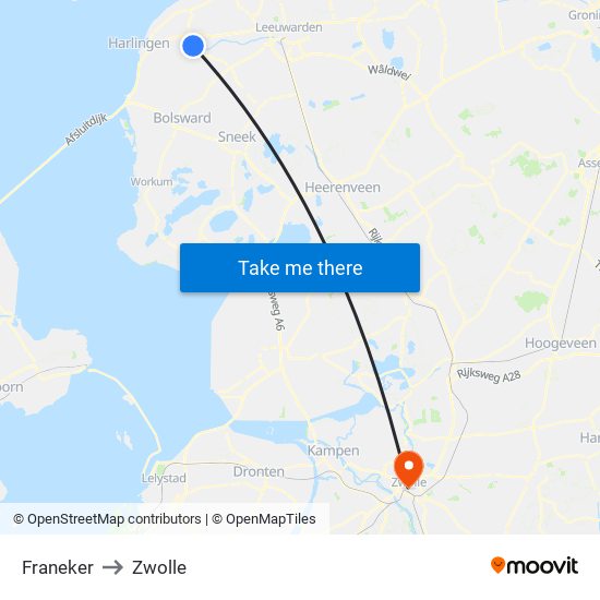 Franeker to Zwolle map