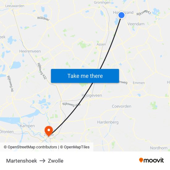 Martenshoek to Zwolle map