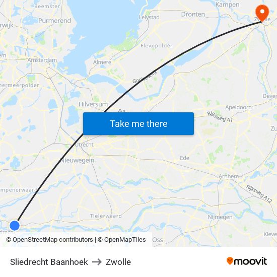 Sliedrecht Baanhoek to Zwolle map