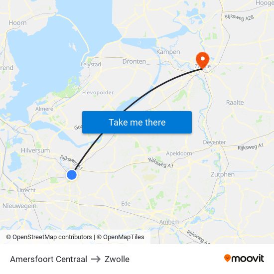 Amersfoort Centraal to Zwolle map