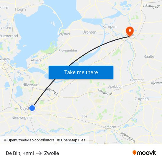 De Bilt, Knmi to Zwolle map