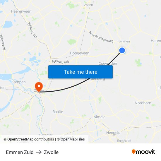 Emmen Zuid to Zwolle map