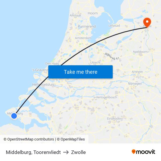 Middelburg, Toorenvliedt to Zwolle map