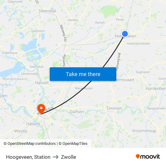 Hoogeveen, Station to Zwolle map
