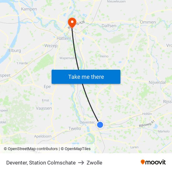 Deventer, Station Colmschate to Zwolle map