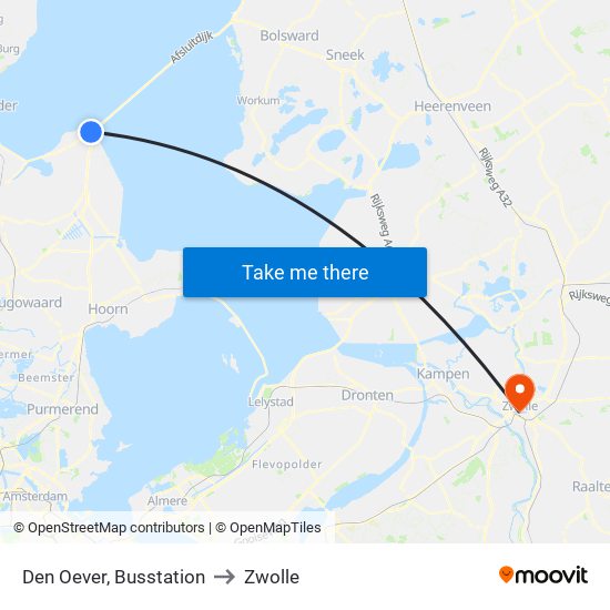 Den Oever, Busstation to Zwolle map