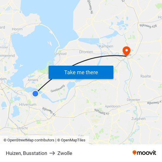 Huizen, Busstation to Zwolle map