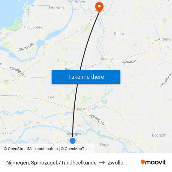Nijmegen, Spinozageb/Tandheelkunde to Zwolle map