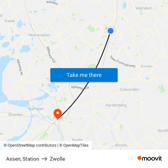 Assen, Station to Zwolle map