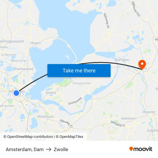 Amsterdam, Dam to Zwolle map