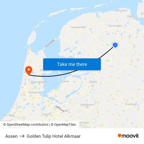 Assen to Golden Tulip Hotel Alkmaar map