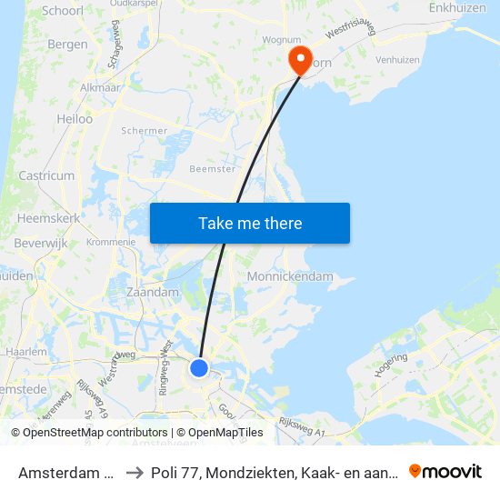 Amsterdam Centraal to Poli 77, Mondziekten, Kaak- en aangezichtschirurgie map