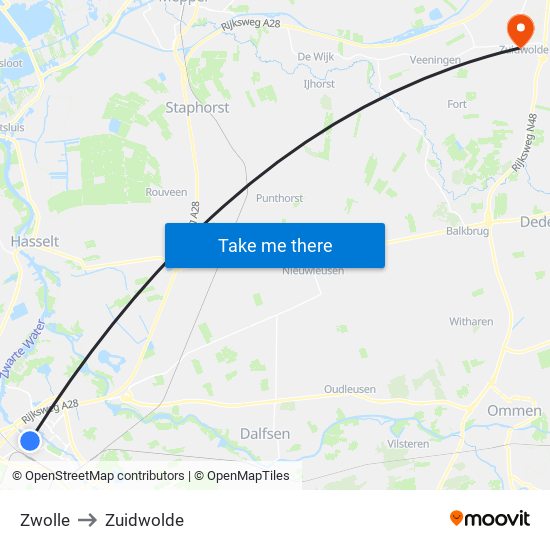 Zwolle to Zuidwolde map