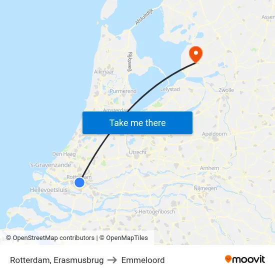 Rotterdam, Erasmusbrug to Emmeloord map