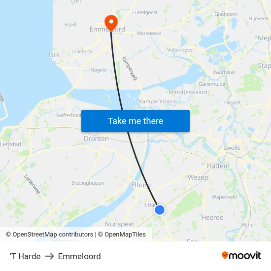 'T Harde to Emmeloord map