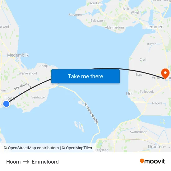 Hoorn to Emmeloord map