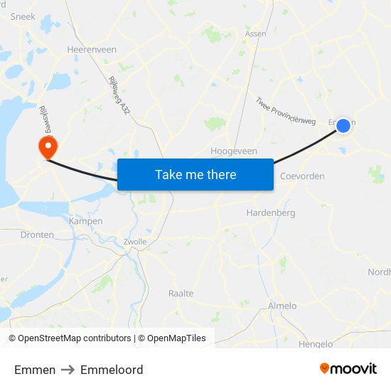 Emmen to Emmeloord map