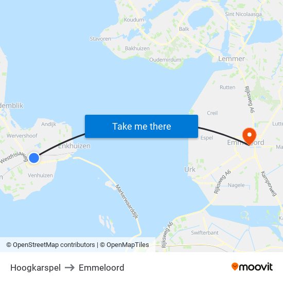 Hoogkarspel to Emmeloord map