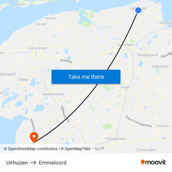 Uithuizen to Emmeloord map