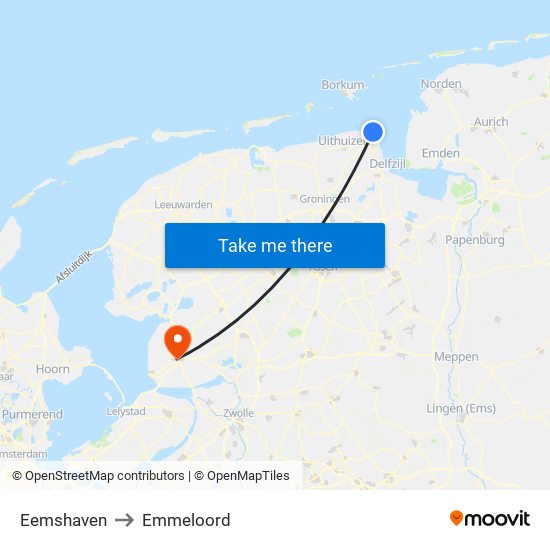 Eemshaven to Emmeloord map