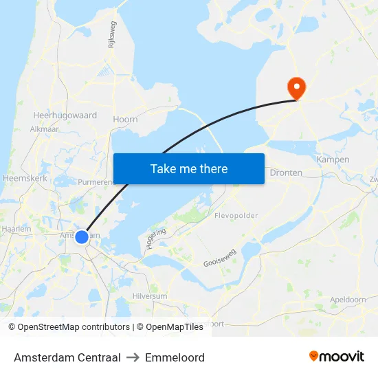 Amsterdam Centraal to Emmeloord map