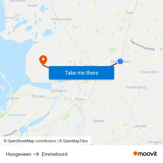 Hoogeveen to Emmeloord map