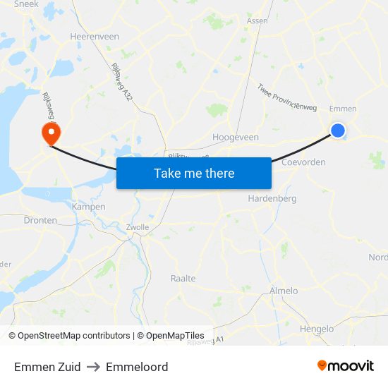 Emmen Zuid to Emmeloord map