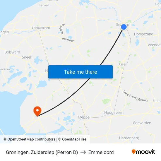 Groningen, Zuiderdiep (Perron D) to Emmeloord map