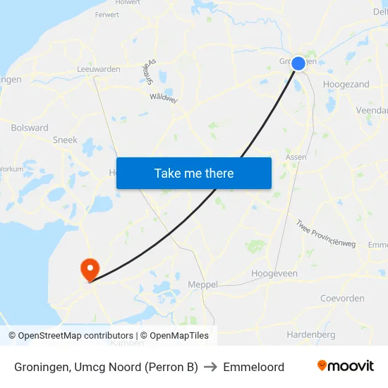 Groningen, Umcg Noord (Perron B) to Emmeloord map