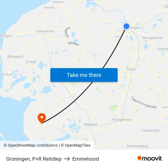 Groningen, P+R Reitdiep to Emmeloord map