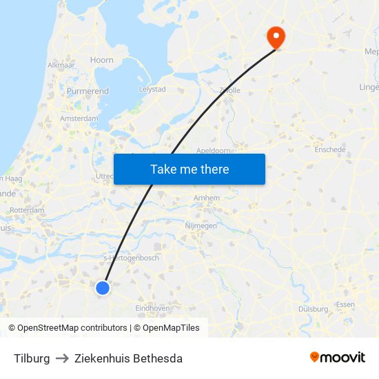 Tilburg to Ziekenhuis Bethesda map